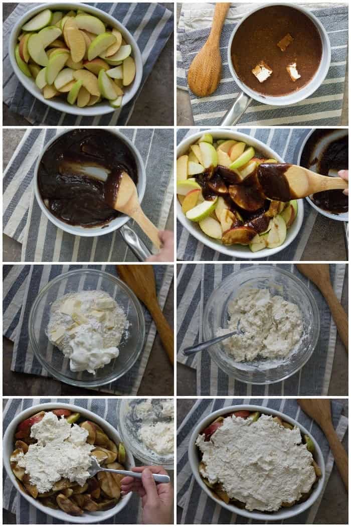 How to make apple cobbler: slice apples, make the caramel sauce and mix it with apples. Mix the topping ingredients and spread over the apples. Bake for 30 minutes.