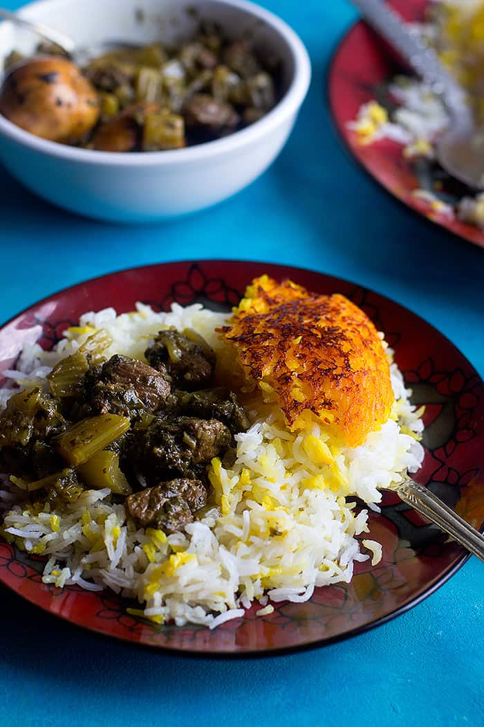 Serve rice and celery stew khoresht karafs on a plate. 