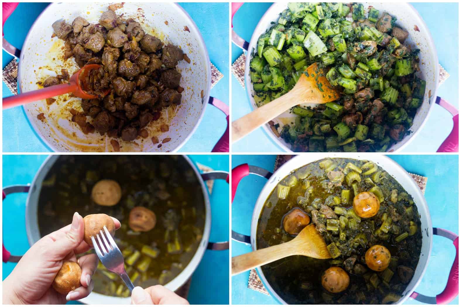 saute onion and lamb in olive oil add in sauteed celery and herbs plus water and cook add in pierced Persian dried limes. Cook for some minutes.