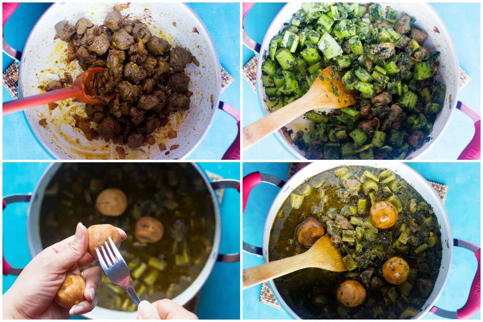 saute onion and lamb in olive oil add in sauteed celery and herbs plus water and cook add in pierced Persian dried limes. Cook for some minutes. 