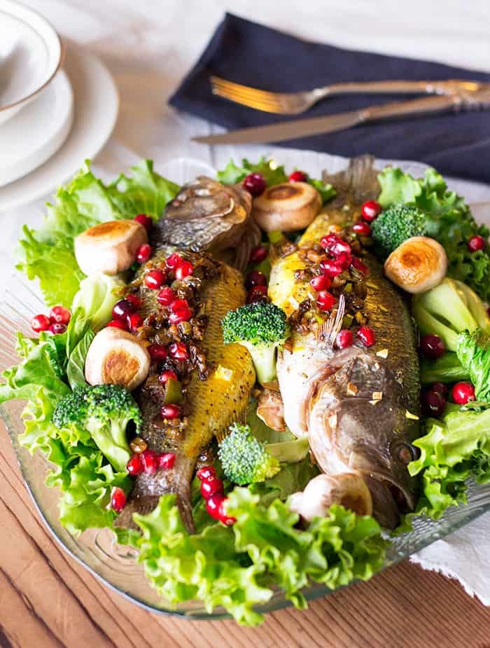 Stuffed fish a new way of serving fish that is very tasty! The filling includes pomegranates and walnuts!