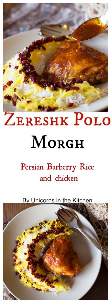 Zereshk polo morgh is a dish full of amazing flavors including saffron!