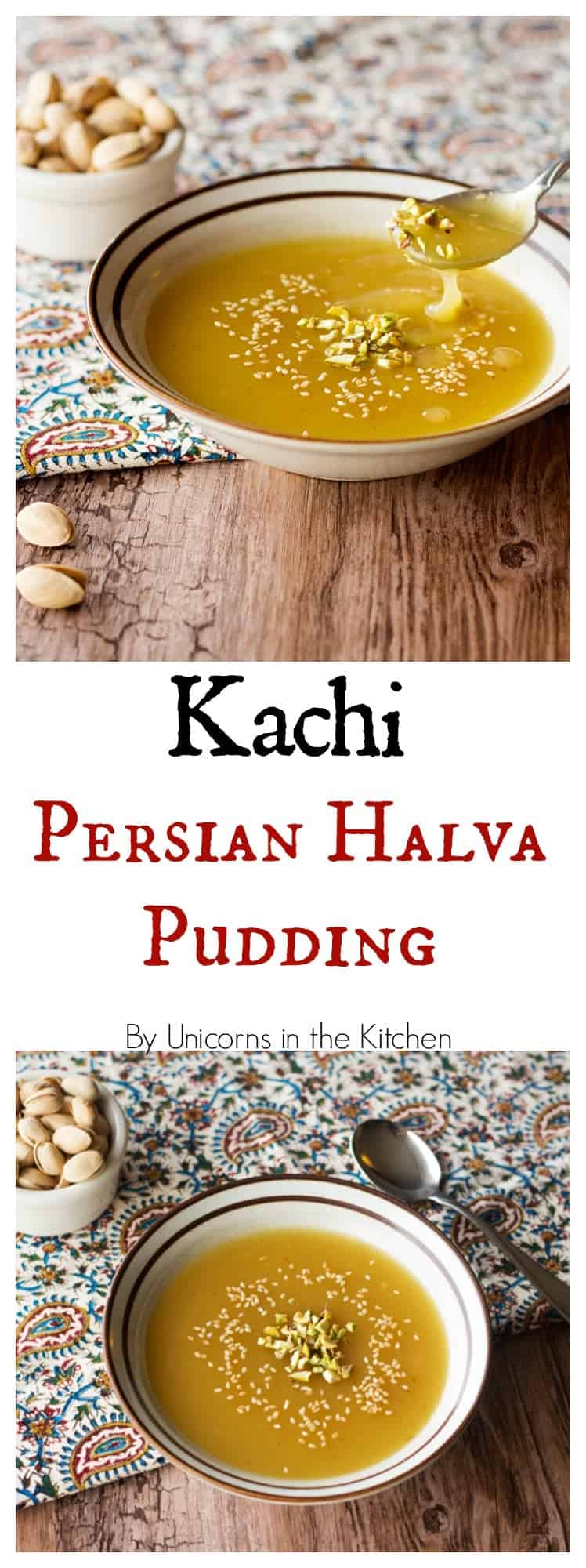 Kachi is a Persian Halva pudding that is full of saffron and rose water flavor. It's easy to make and very delicious. Full of Middle Eastern flavors! 