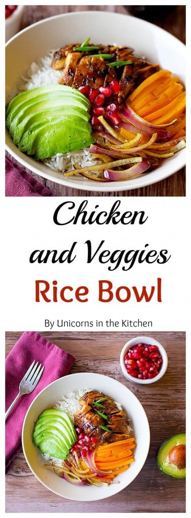 Turn the boring leftover chicken into an outstanding dish with this recipe! Chicken and veggie rice bowl is easy, pretty and full of flavor!