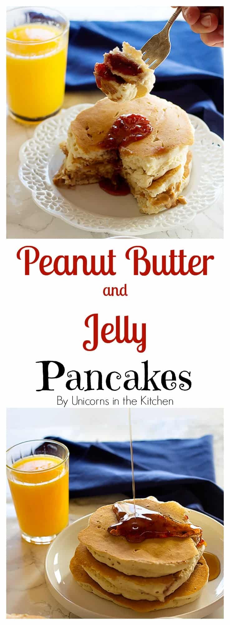 Peanut Butter and Jelly Pancakes are two favorite breakfast foods in one! They are fluffy with a center of creamy peanut butter and jelly. It can't get any better! 