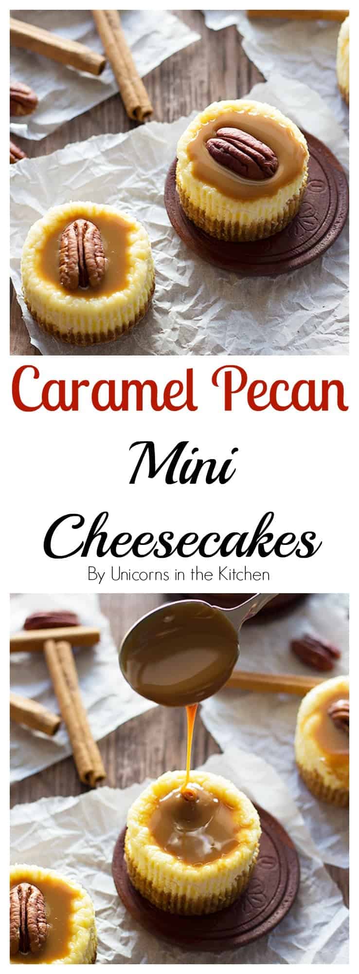 Enjoy a bite of happiness with these cute Caramel Pecan Mini Cheesecakes made in a muffin pan. They're velvety, creamy and have a perfect balance of sweetness!