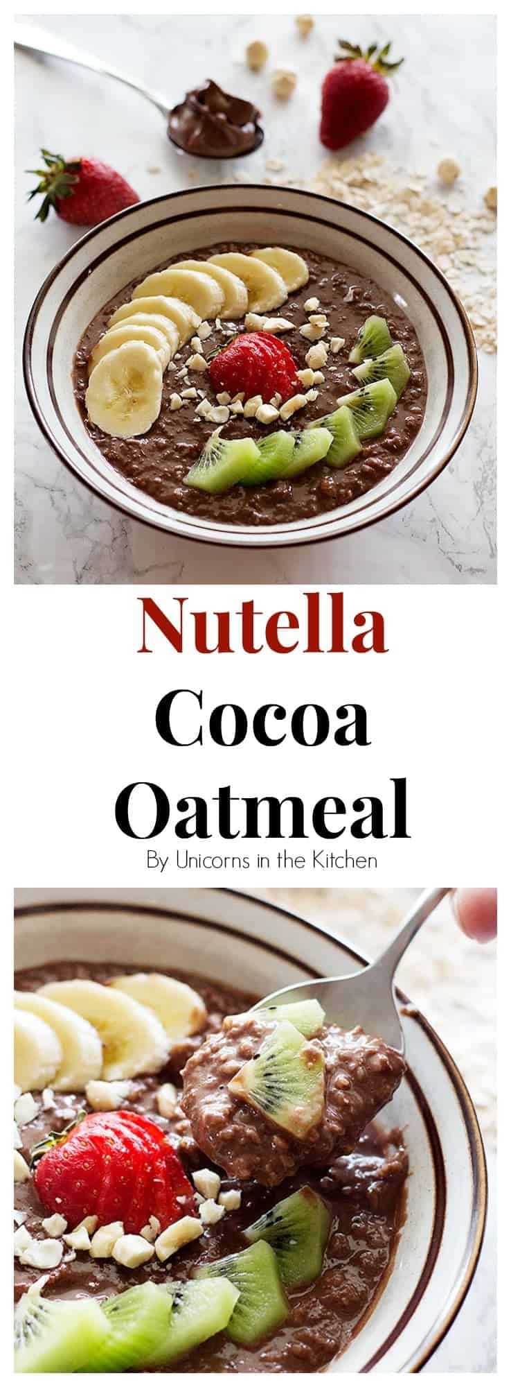 This Nutella Cocoa Oatmeal Bowl is perfect for breakfast, or any time that you crave something sweet and easy! Make it even better by adding some cocoa powder! 