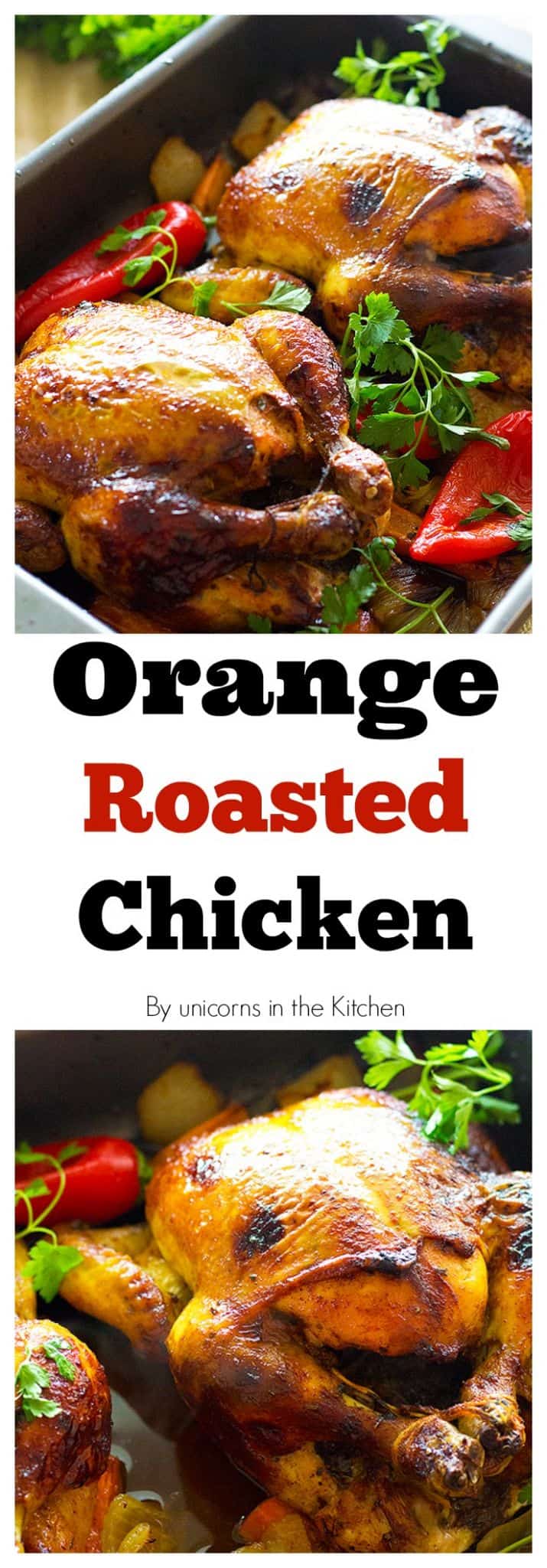 Make orange roasted chicken at home in three easy steps! Add your own homemade rub and sauce to have a perfectly golden roasted chicken that can be on the table in one hour! 