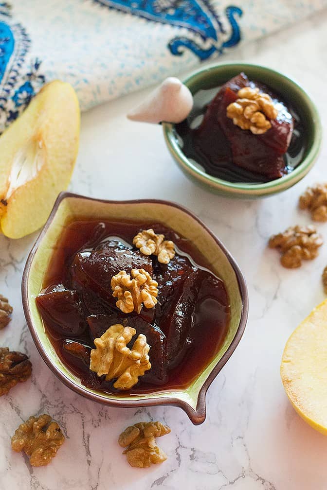Persian quince jam - Morabba Beh is a traditional jam.This fragrant fruit gives you such delicious and tangy jam that you can use in your breakfast parfaits with fruit, or just have it with some bread!