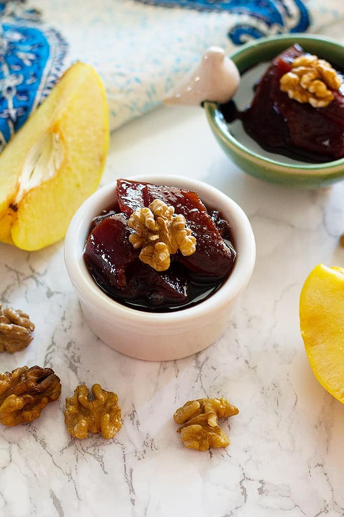 Persian quince jam - Morabba Beh is a traditional jam.This fragrant fruit gives you such delicious and tangy jam that you can use in your breakfast parfaits with fruit, or just have it with some bread!