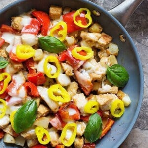 This one pan 5-ingredient chicken skillet is perfect for weeknight dinners as it comes together in 30 minutes. The final addition of pepper rings gives a bold flavor to the dish!