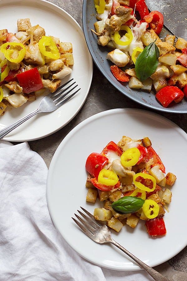 This one pan 5-ingredient chicken skillet is perfect for weeknight dinners as it comes together in 30 minutes. The final addition of pepper rings gives a bold flavor to the dish! 