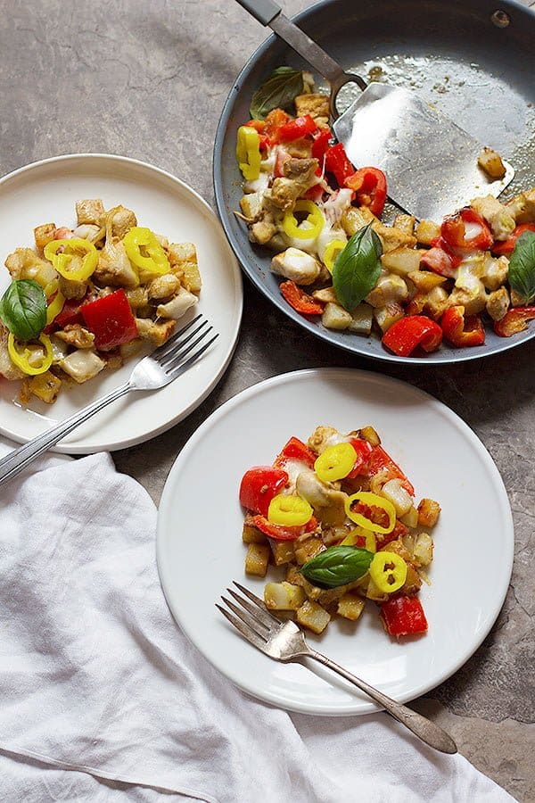 This one pan 5-ingredient chicken skillet is perfect for weeknight dinners as it comes together in 30 minutes. The final addition of pepper rings gives a bold flavor to the dish! 