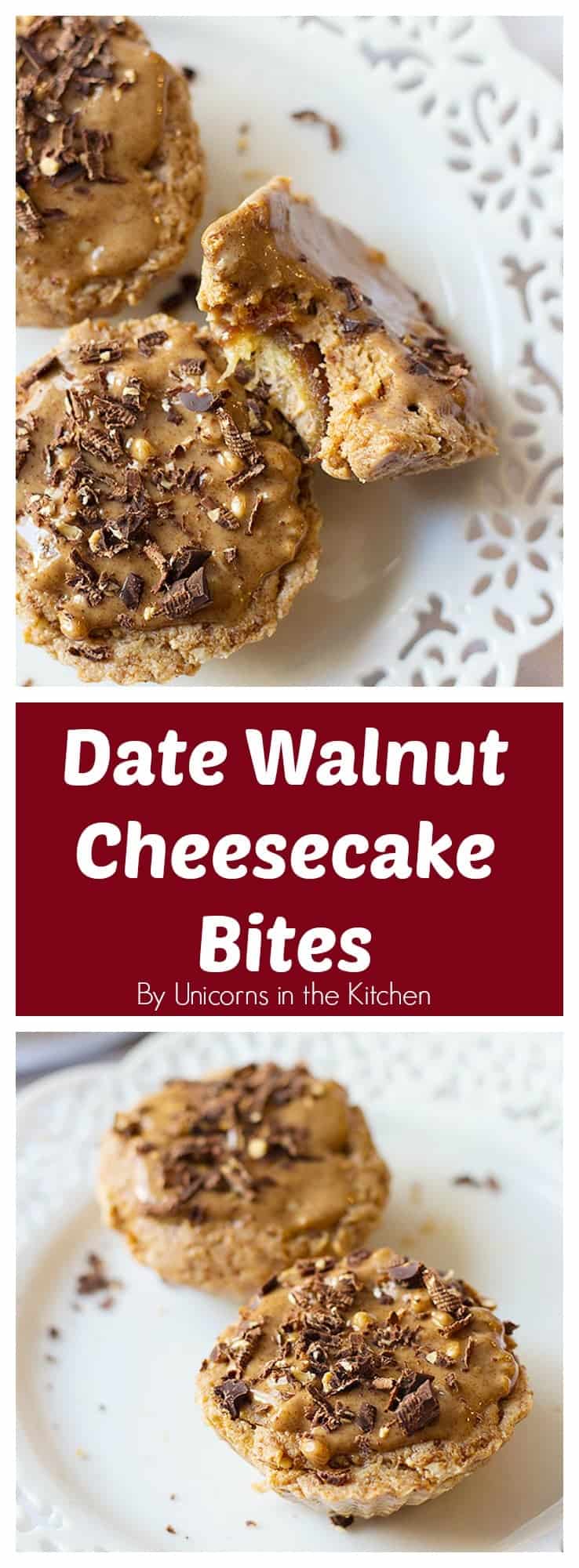 These Date Walnut Cheesecake Bites are great for snacking. The crust is mixed into the filling and the addition of walnuts and almond butter gives a nice nutty flavor to these bites! 