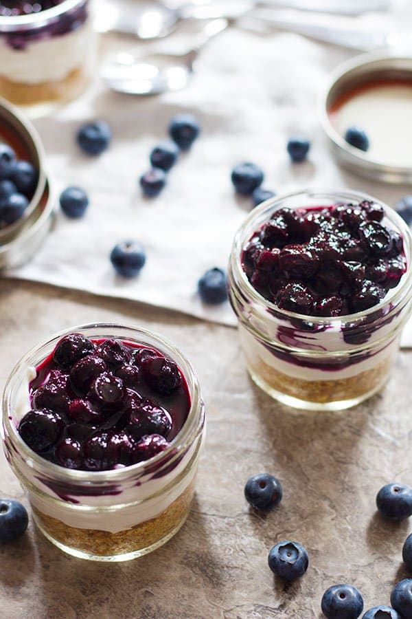 The topping for these mini cheesecakes is cooked blueberry and sugar. 