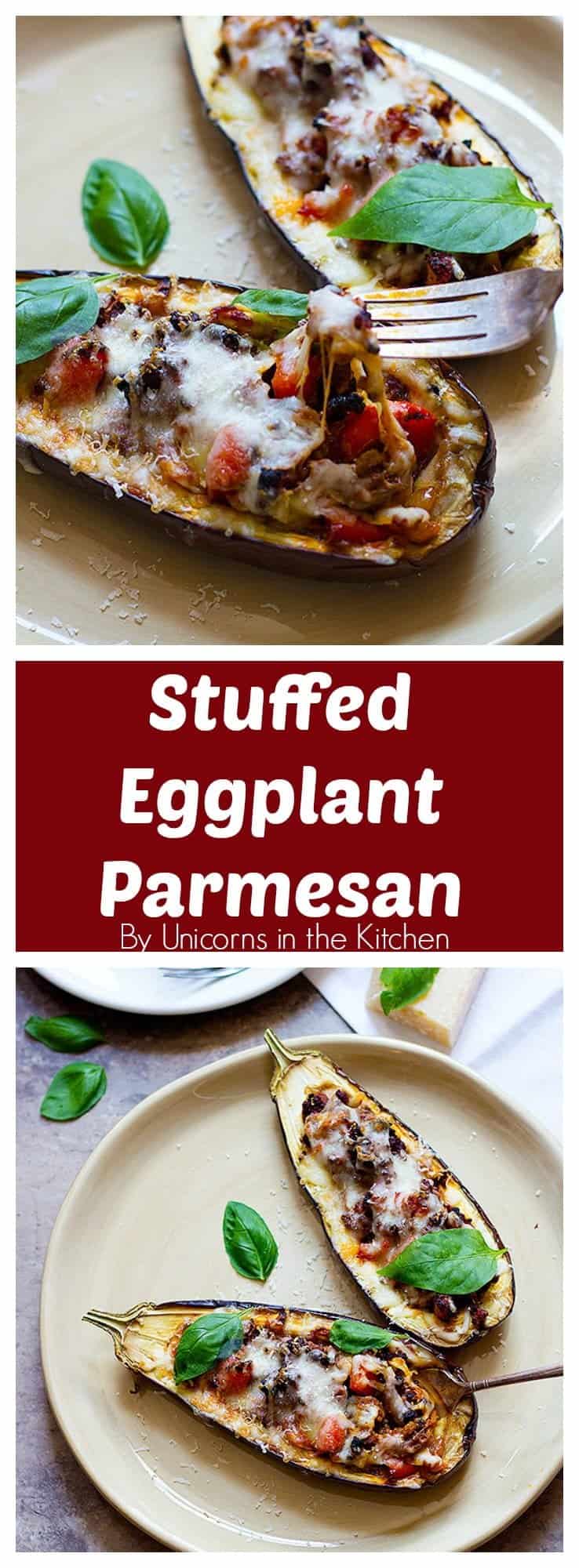 Stuffed Eggplant Parmesan is a great choice for dinner. Meaty eggplants that are filled with ground beef and topped with two types of cheese, who can say no to this?