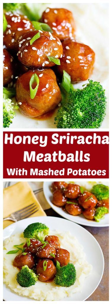 These Honey Sriracha Meatballs are quick and easy to make. The sweet and hot flavors match so well with the creamy and buttery mashed potatoes, which makes it perfect for a weeknight dinner!