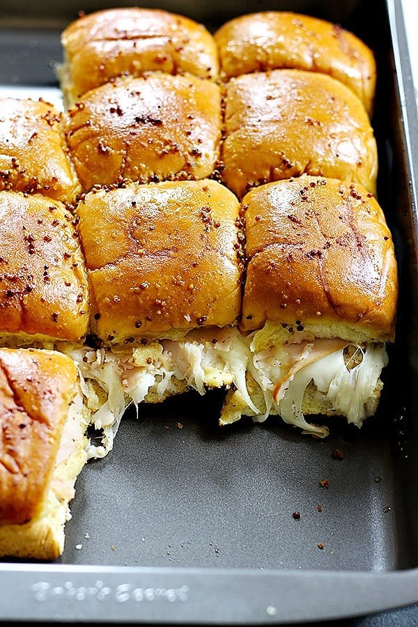 Hawaiian roll turkey sliders baked in the oven, perfect for game days and a crowd.