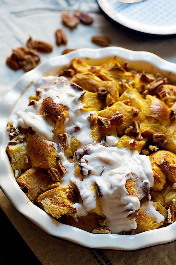 pumpkin bread pudding recipe with coconut maple cream is great for breakfast or dessert. 