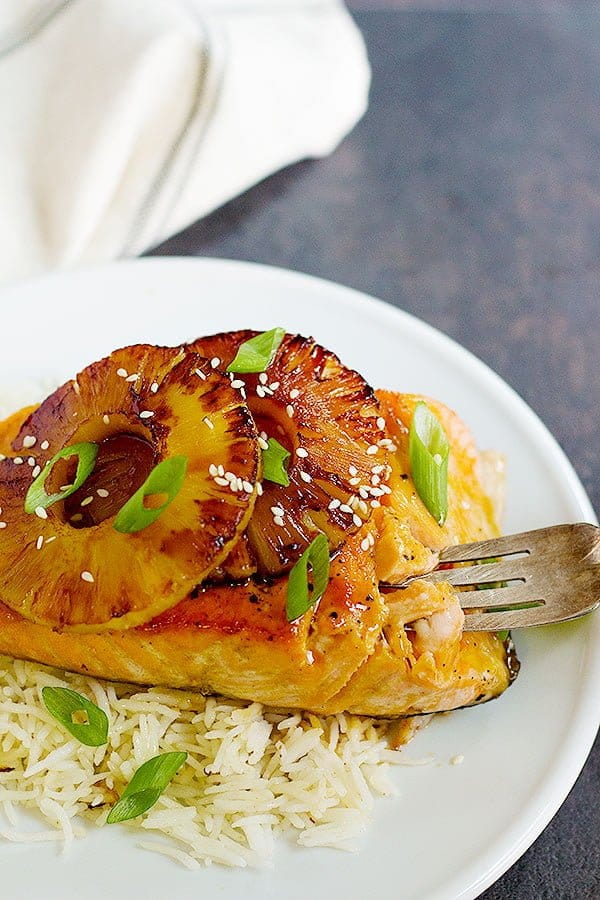 flaky fish topped with seared pineapple and flavored with teriyaki sauce. 