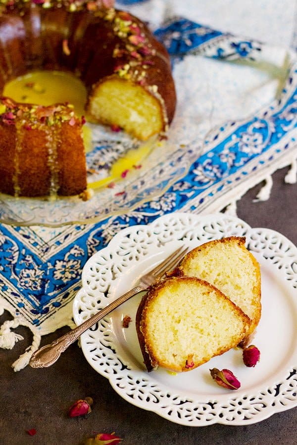 A slice of this Persian Cake is full of rose water and saffron. This is also called Persian Love Cake. 