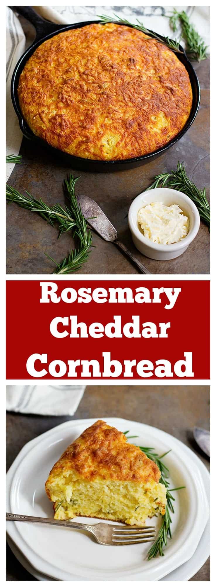 This Rosemary Cheddar Cornbread is moist and full of delicious flavors. It's packed with aromatic rosemary baked in a cast iron skillet and has a beautiful crispy crust.