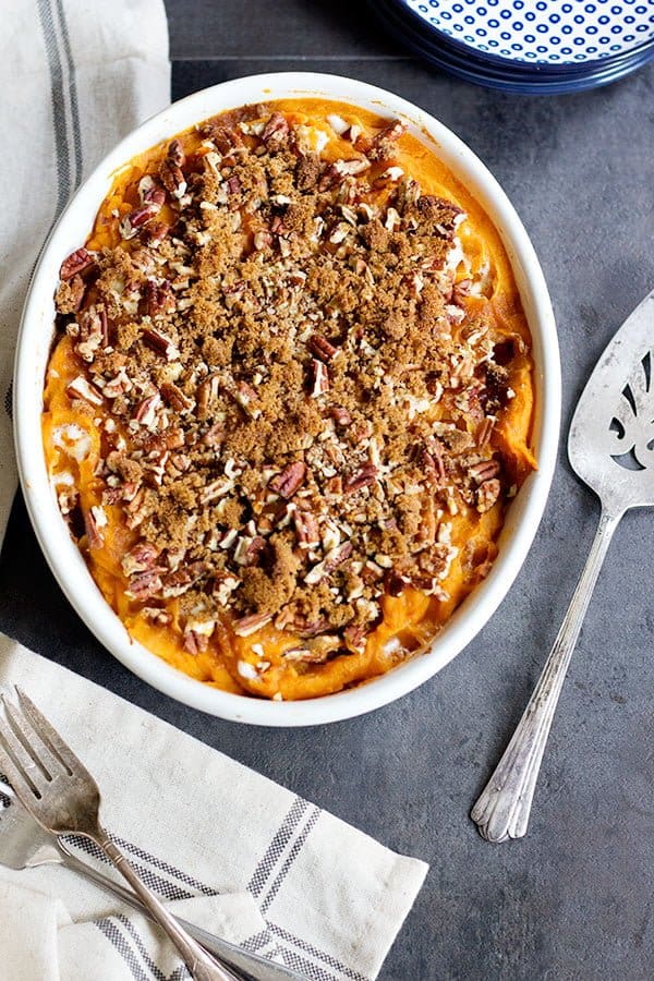 Overhead shot of sweet potato casserole. 