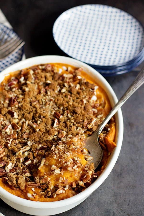 Thanksgiving casserole made with sweet potatoes. 