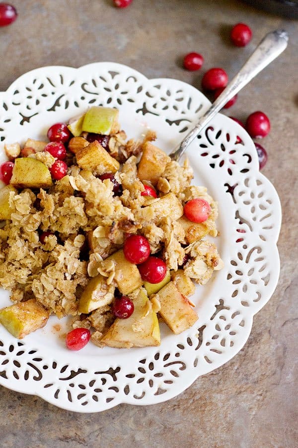 Apple Cranberry Almond Crisp is great for chill evenings. Tart apples and juicy cranberries bring together the perfect texture and flavor. This dish gets better with every bite!