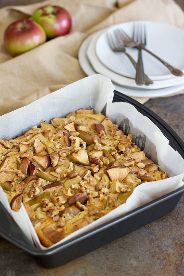 These Apple Walnut Cake Bars are great for paring with an afternoon tea. The fluffy texture and crunchy walnuts are perfect together!