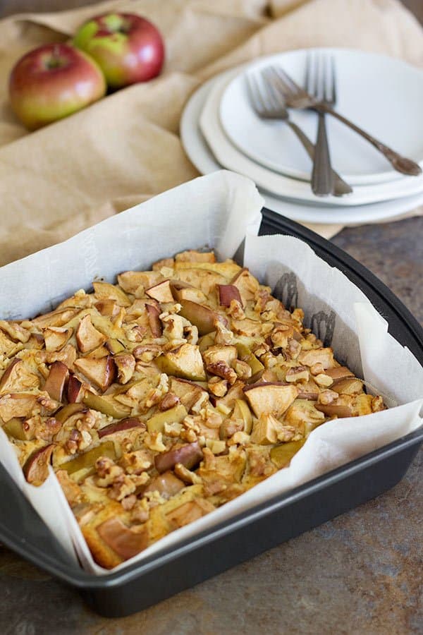 These Apple Walnut Cake Bars are great for paring with an afternoon tea. The fluffy texture and crunchy walnuts are perfect together!