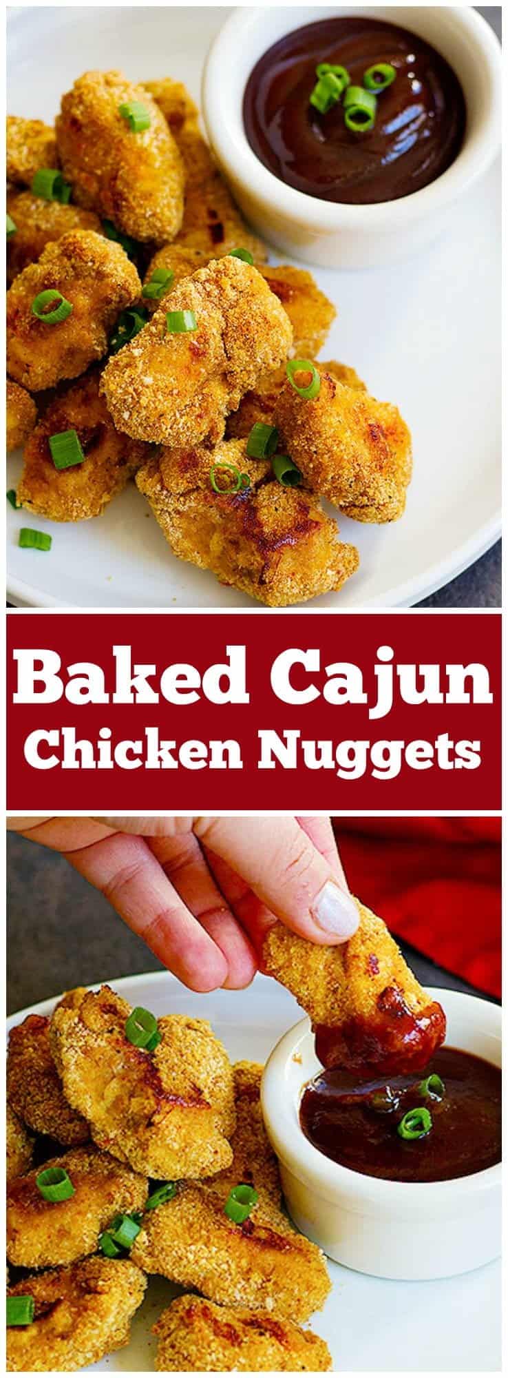 Baked Cajun Chicken Nuggets are perfect for parties or as a light meal. They are perfectly baked in the oven and by using a very simple technique, your fingers won't get all sticky!