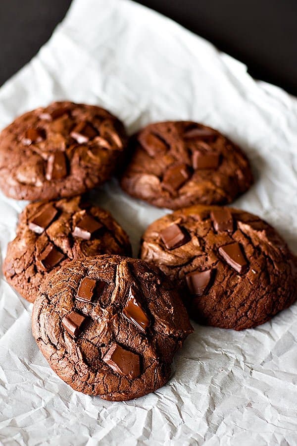 double chocolate chunk cookies are chewy on the inside with big chocolate chunks on the outside