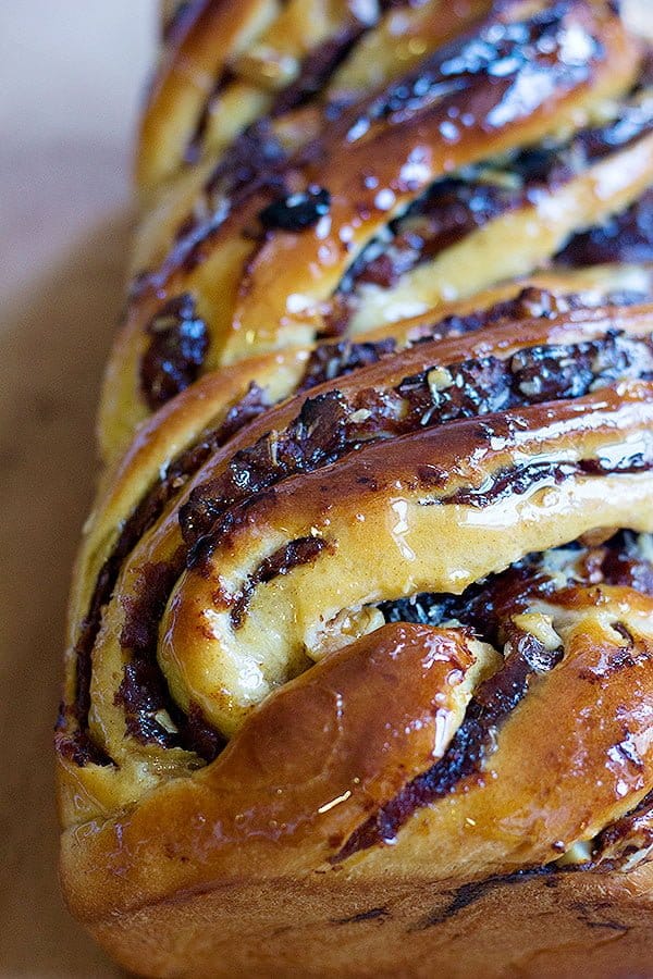 Walnut Babka recipe made with dates and covered with simple syrup makes a delicious treat.