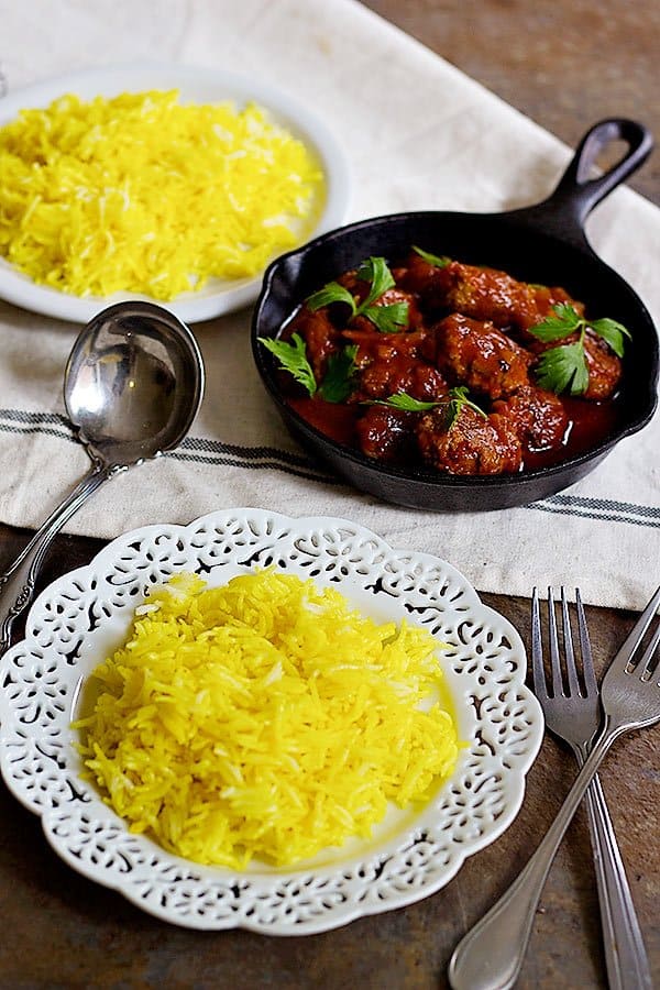 Comfort food, Persian style. Eggplant Sumac Meatballs with Saffron Rice is perfect for a simple dinner that doesn't require a lot of effort yet is full of flavor. The tanginess of sumac and the aroma of saffron make this dish very special.