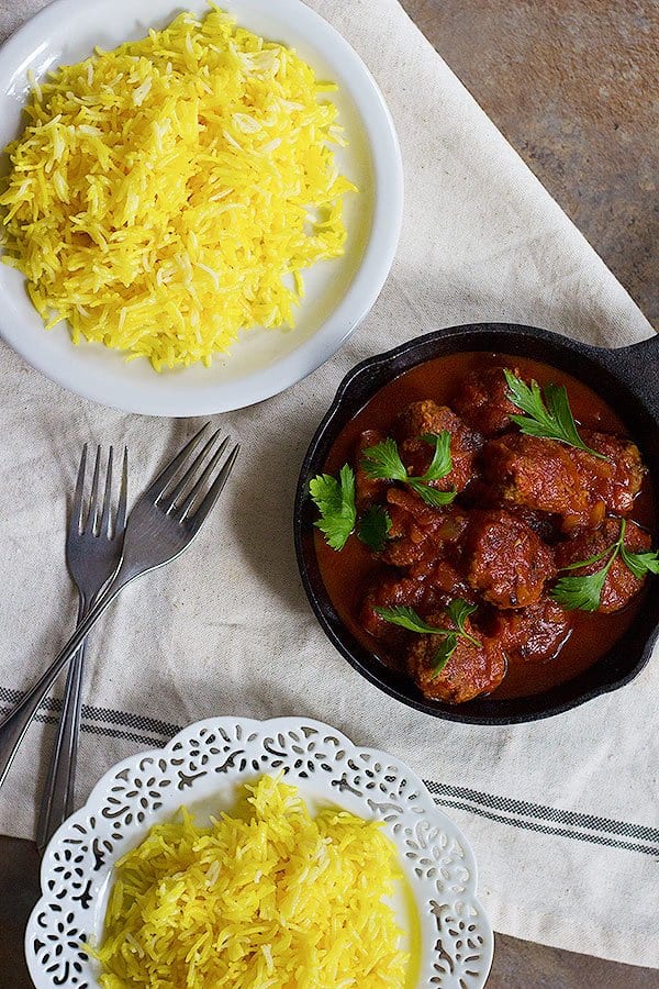 Comfort food, Persian style. Eggplant Sumac Meatballs with Saffron Rice is perfect for a simple dinner that doesn't require a lot of effort yet is full of flavor. The tanginess of sumac and the aroma of saffron make this dish very special.