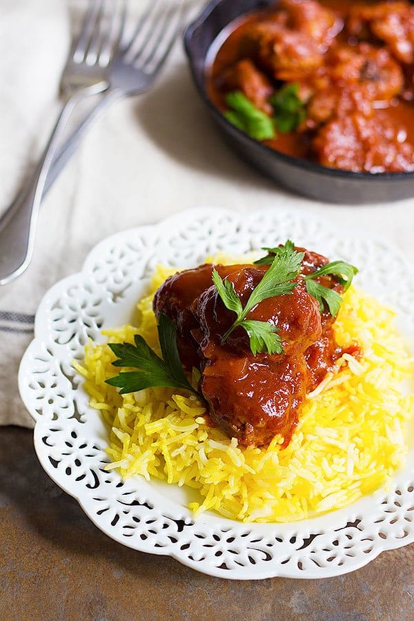 Comfort food, Persian style. Eggplant Sumac Meatballs with Saffron Rice is perfect for a simple dinner that doesn't require a lot of effort yet is full of flavor. The tanginess of sumac and the aroma of saffron make this dish very special.