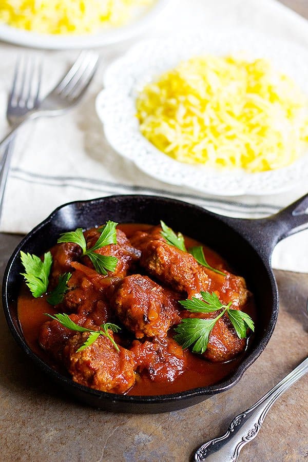 Comfort food, Persian style. Eggplant Sumac Meatballs with Saffron Rice is perfect for a simple dinner that doesn't require a lot of effort yet is full of flavor. The tanginess of sumac and the aroma of saffron make this dish very special.