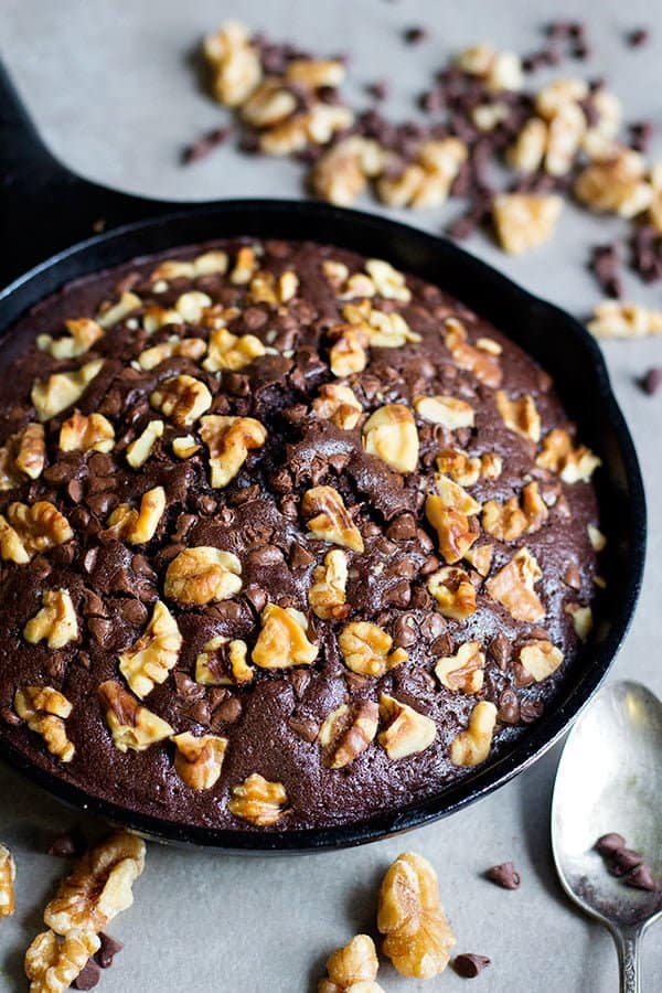 Nothing beats a good ooey gooey Double Chocolate Walnut Skillet Brownie with a large glass of milk. You'll need only a few ingredients to make this delicious skillet brownie!