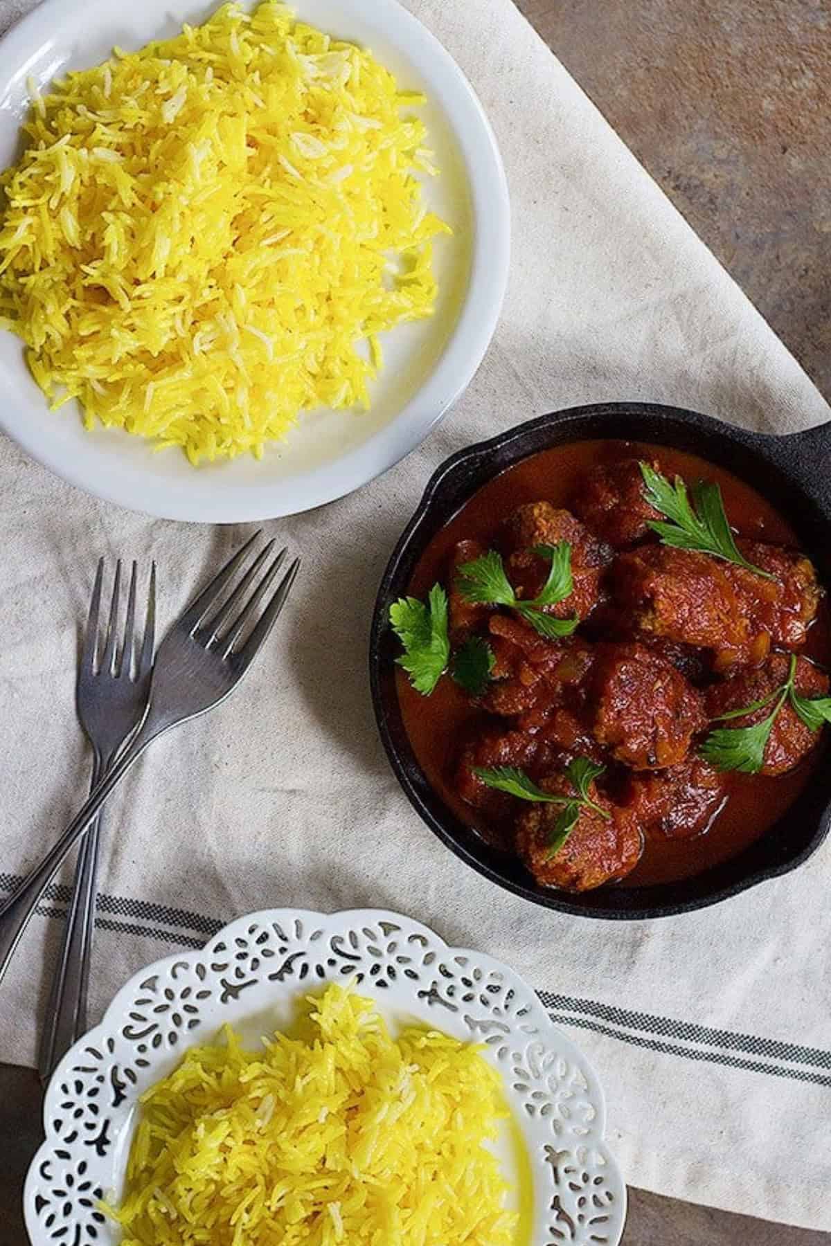 Comfort food, Persian style. Eggplant Sumac Meatballs with Saffron Rice is perfect for a simple dinner that doesn't require a lot of effort yet is full of flavor. The tanginess of sumac and the aroma of saffron make this dish very special.