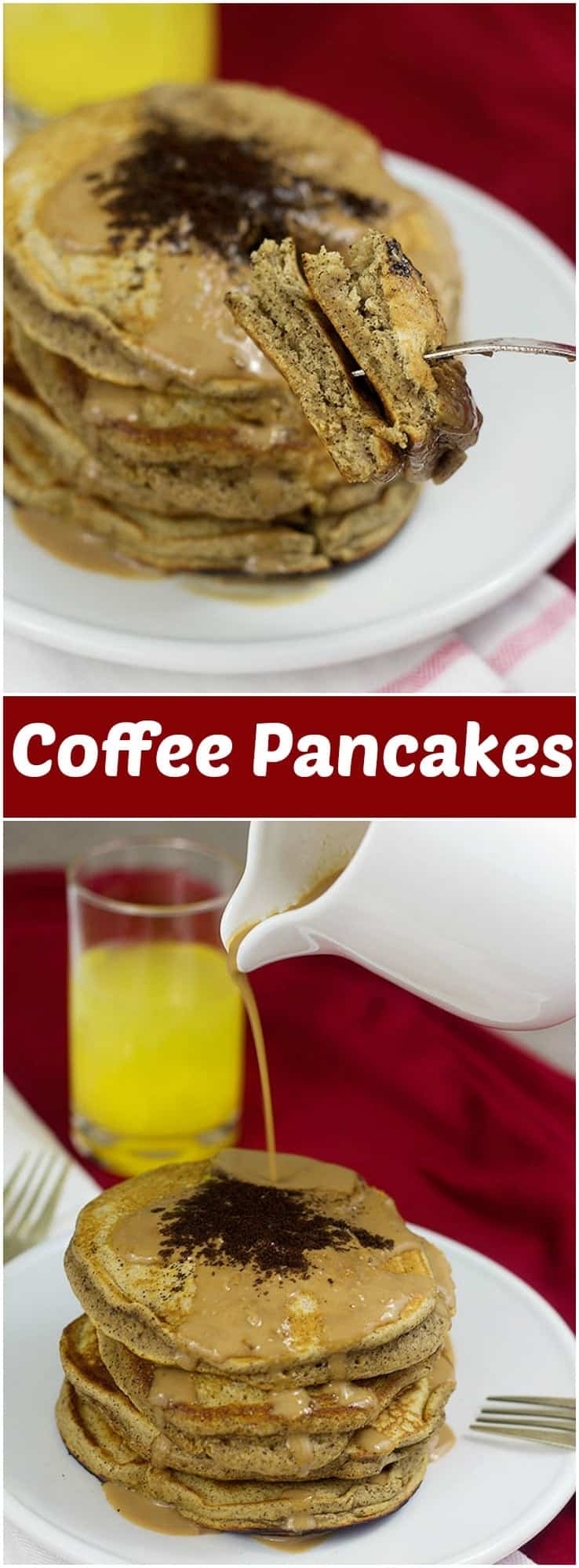 Start your morning right with these coffee pancakes filled with delicious coffee and served with a coffee and creamer syrup. Talk about a perfect morning!