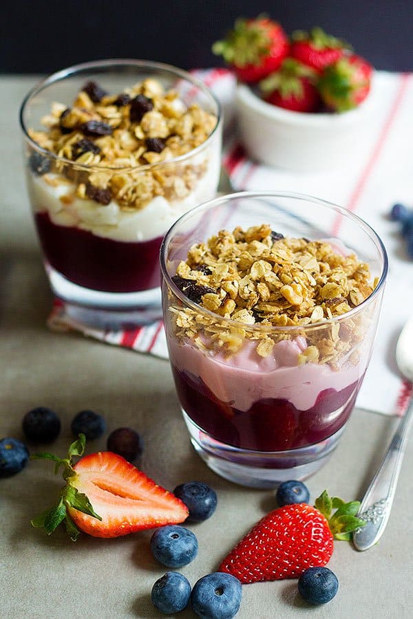 Start your day happily with a delicious Mixed Berry Granola Parfait. Delicious layers of mixed berries, yogurt alternative, and granola = perfection in every spoonful.