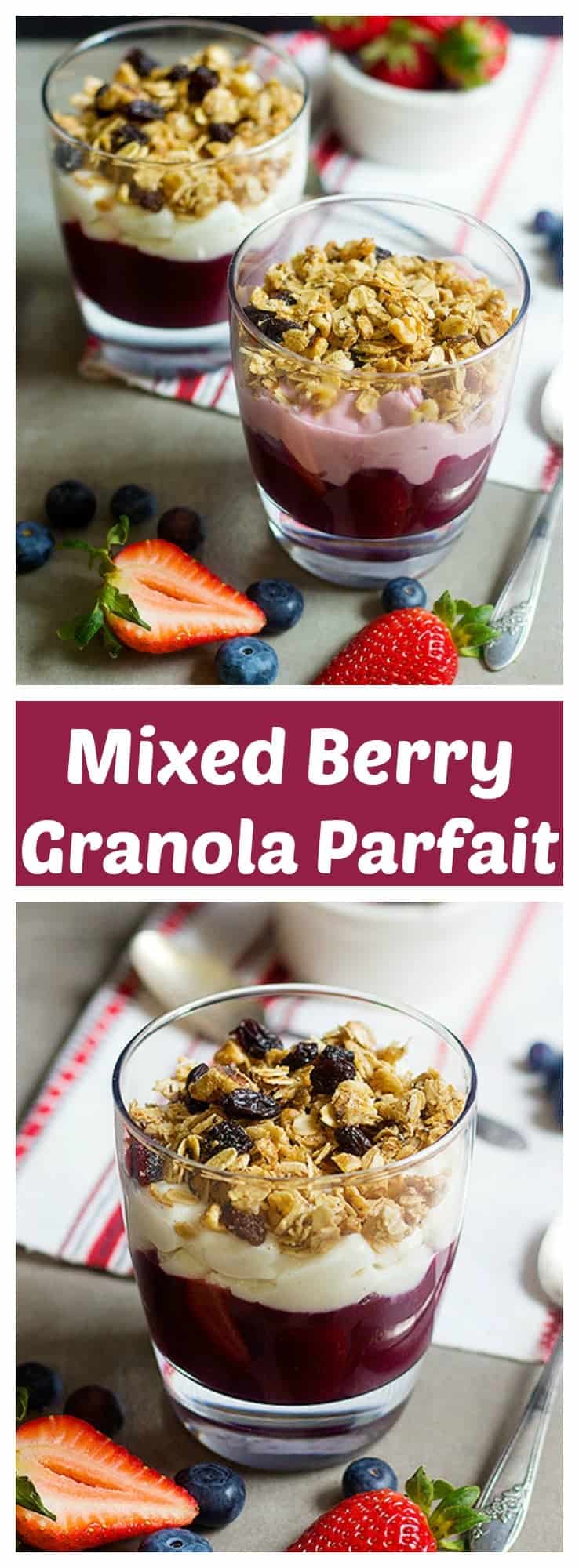 Start your day happily with a delicious Mixed Berry Granola Parfait. Delicious layers of mixed berries, yogurt alternative, and granola = perfection in every spoonful.