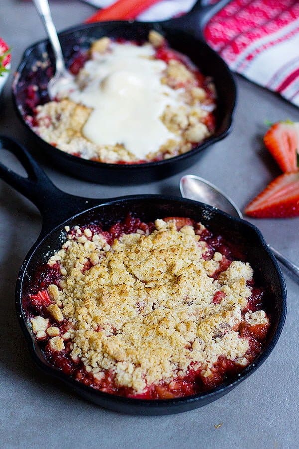 Strawberry Rhubarb Crumble is an easy spring dessert recipe that is served with vanilla ice cream or on its own. 