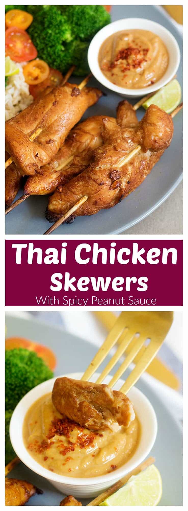 Make these delicious Thai Chicken Skewers with Spicy Peanut Sauce for an amazing family-friendly meal. The marinade is the key to these juicy and tasty skewers.