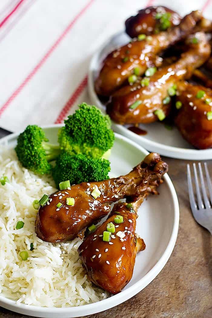 Serve honey garlic chicken with white rice and steamed broccoli. 