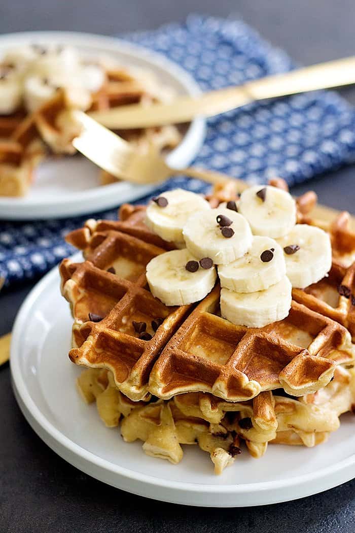 Peanut Butter Chocolate Chip Banana Waffles are great for breakfast or brunch. You can make the waffle batter in a blender in no time and enjoy!