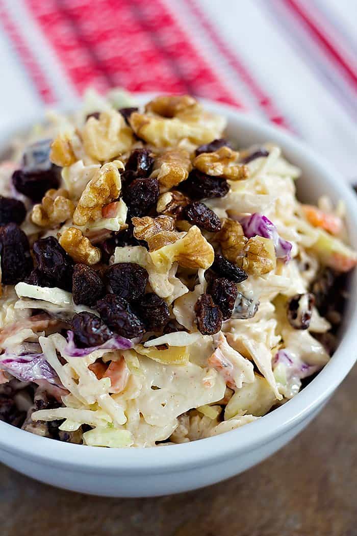 creamy coleslaw recipe with walnuts and raisins. 