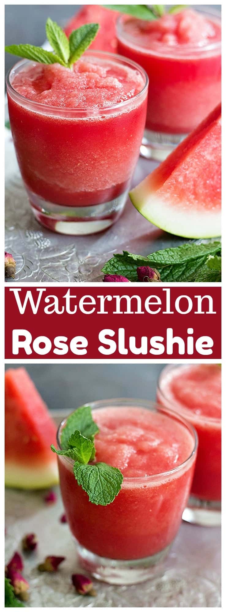 Watermelon Rose Slushie is great for summer. Juicy and sweet watermelon blended with rose water makes this a delicious natural drink for hot days! 