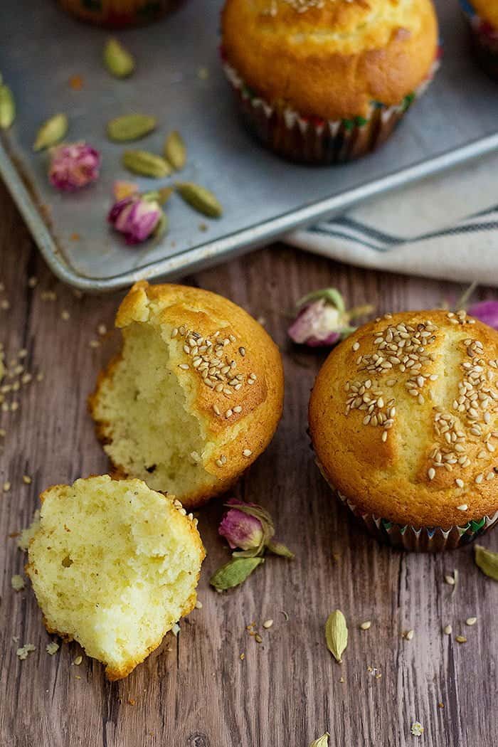 Persian Cardamom Muffins - Cake Yazdi is a traditional Iranian/Persian recipe for delicious muffins that are filled with Persian flavors. The combination of rose water and cardamom is always great.